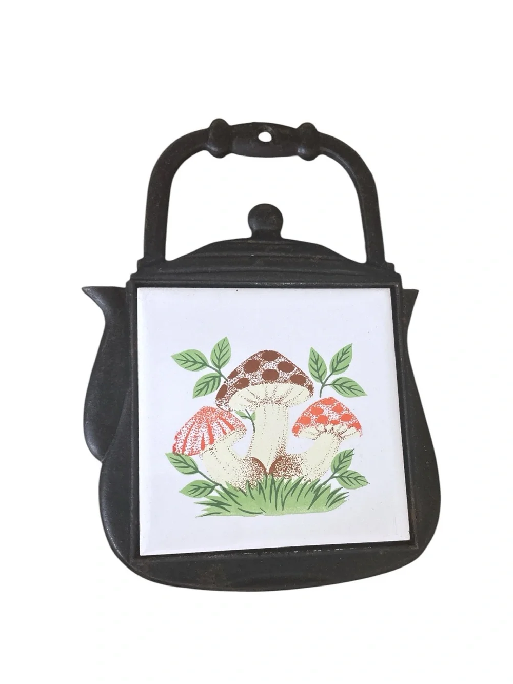 Vintage 1970s Cast Iron and Mushroom Ceramic Tile Trivet Teapot